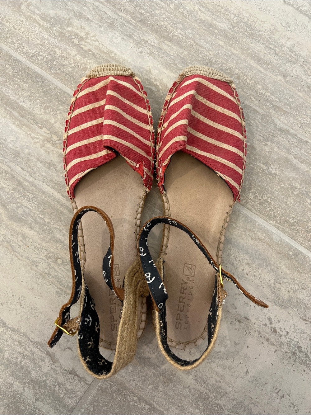 Sperry Red and Cream Striped Espadrille Sandals with Anchor-Print Ankle Strap